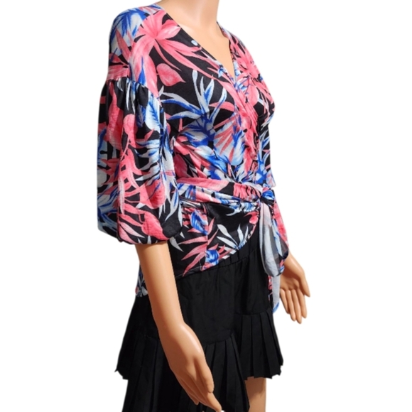 Say What? Floral Wrap Blouse - Pink and Blue - Picture 2 of 9